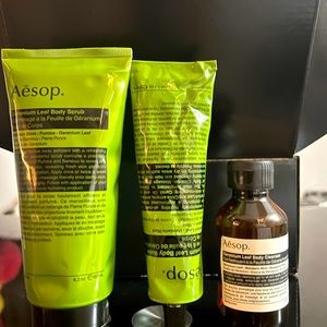 AĒSOP NEW GERANIUM LEAF BODY SCRUB, BODY BALM & BODY CLEANSER WITH GIFT BAG